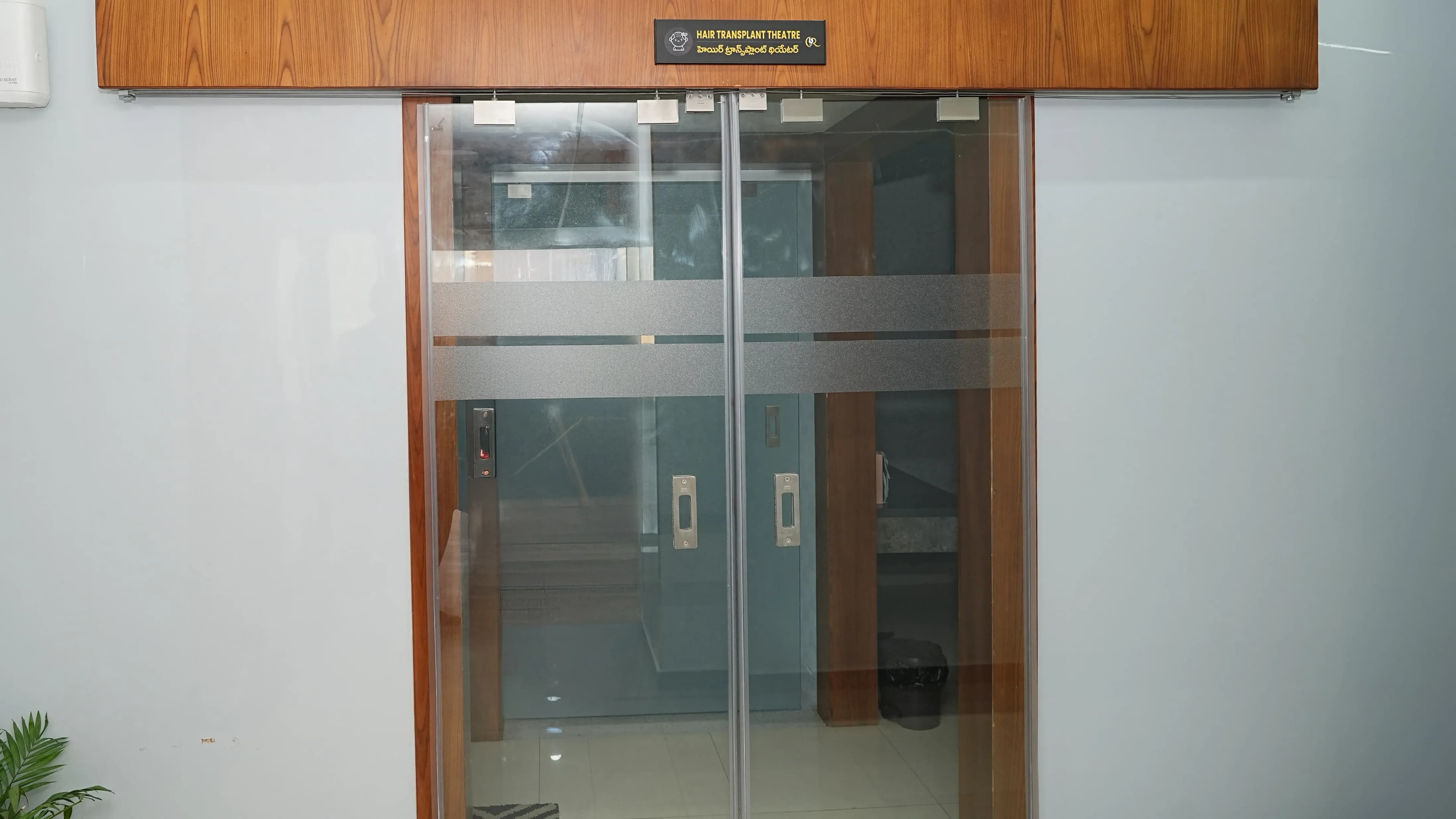 Entrance to the dedicated Hair Transplant Theatre featuring glass doors and premium wooden cladding