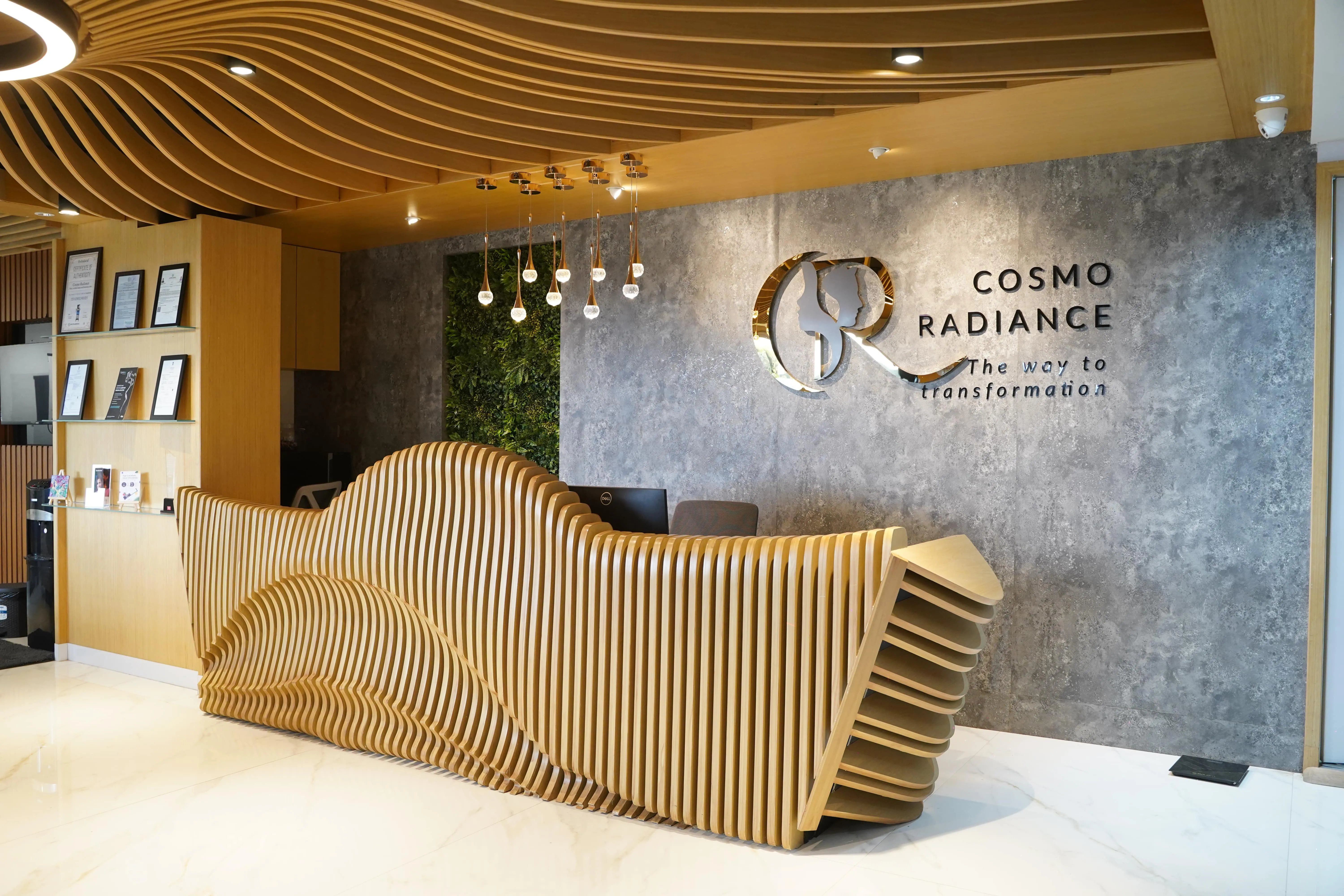 Detail View of Parametric Reception Desk and Cosmo Radiance Logo