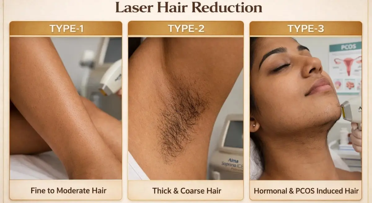 Comparison illustration showing Type 1, 2, and 3 hair density and growth types for full body laser hair removal