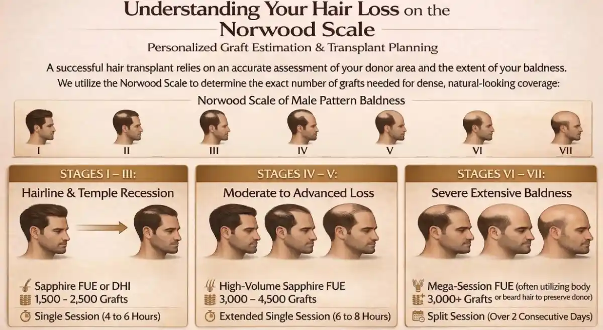 Norwood Scale showing stages of male pattern baldness and estimated grafts