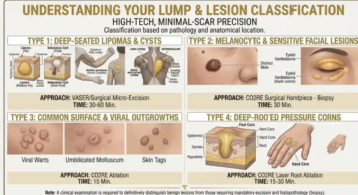 Illustration showing differences between lipomas, sebaceous cysts, and ganglion cysts