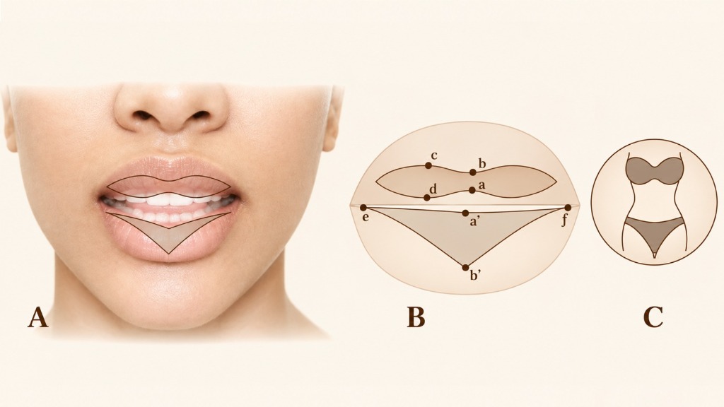 Facial geometry and smile alignment vectors for lip reduction surgery